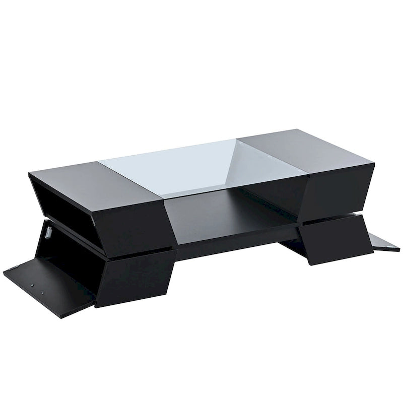 White / Black 2-Tier Geometric Glass Top Coffee Table with Storage