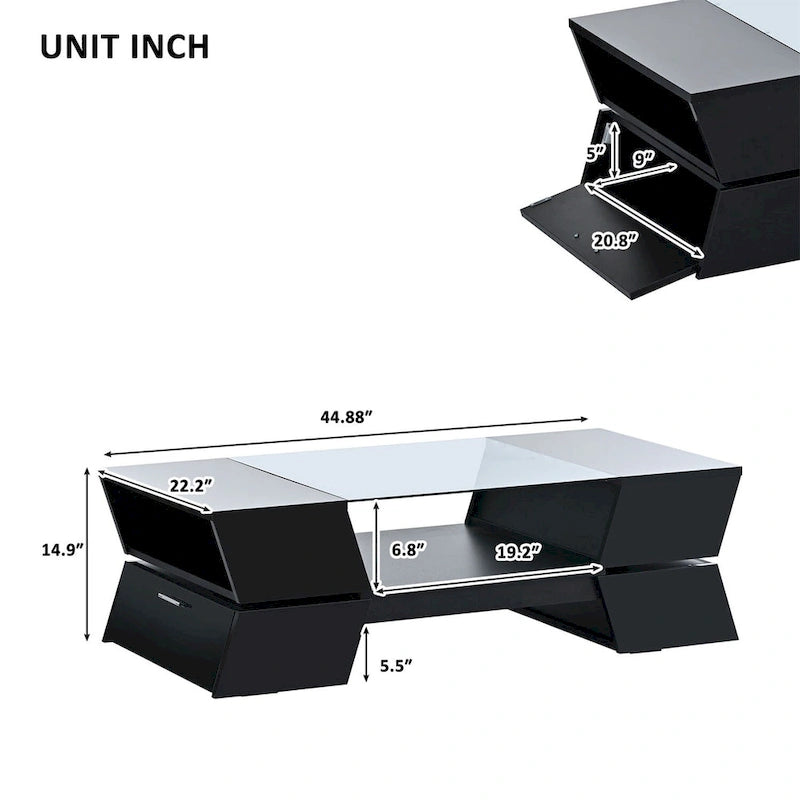 White / Black 2-Tier Geometric Glass Top Coffee Table with Storage