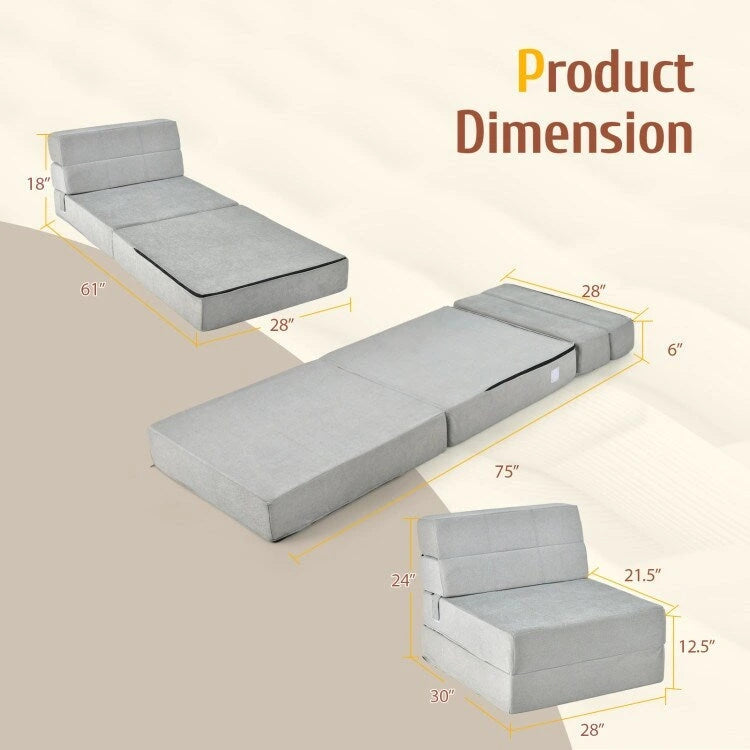 Tri-Fold Folding Chair Convertible Sleeper Bed - 75 x 28 x 6