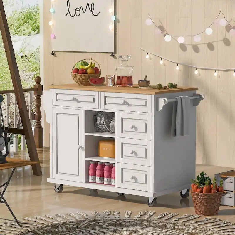 Rubber Wood Desktop Kitchen Cart Featuring Five Drawers, Concealed Cabinet, Adjustable Shelves and Smooth Rolling Wheels