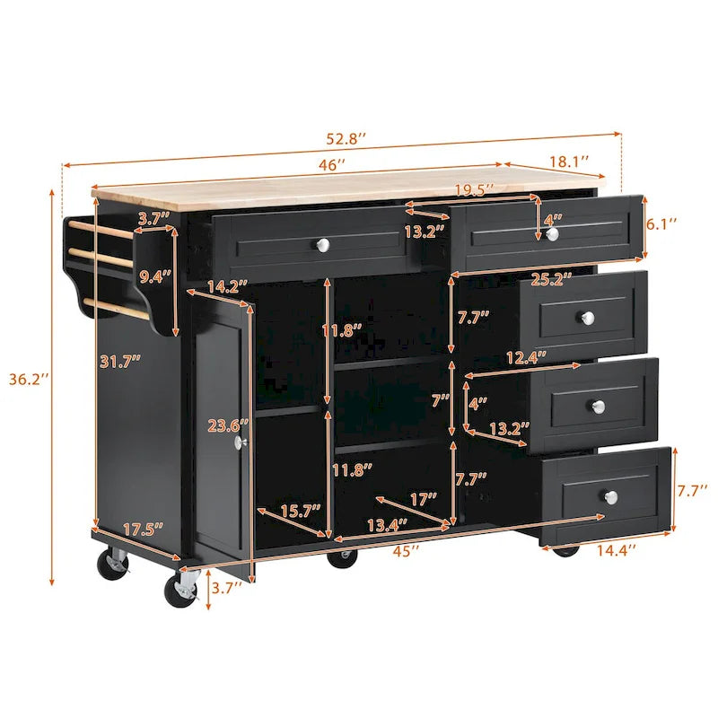 Rubber Wood Desktop Kitchen Cart Featuring Five Drawers, Concealed Cabinet, Adjustable Shelves and Smooth Rolling Wheels