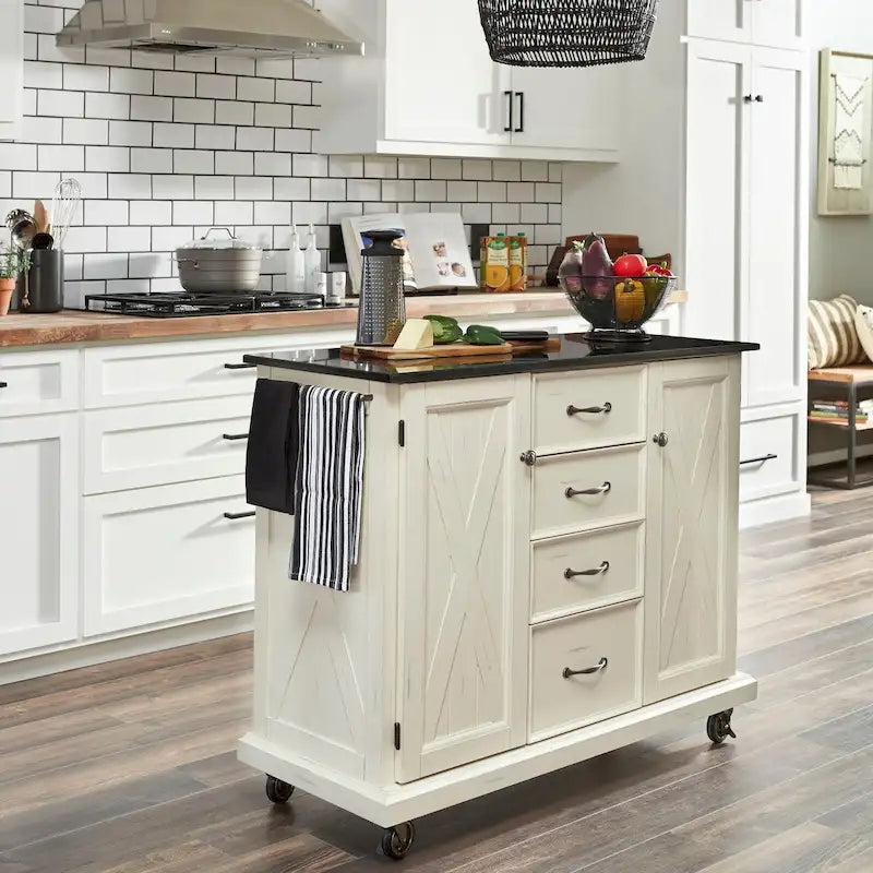 Off-White Rustic Kitchen Cart with Granite Top – Single User