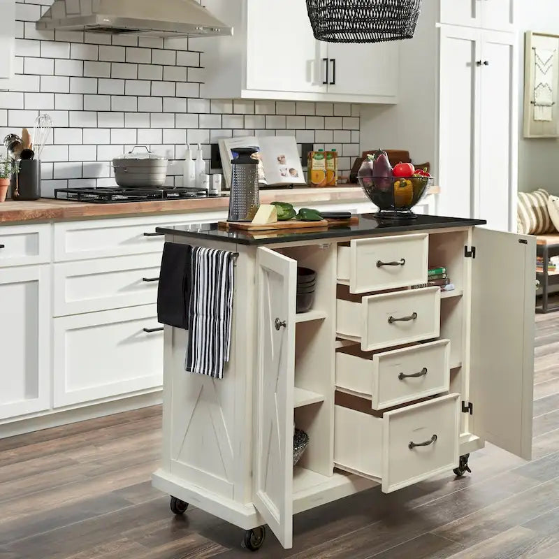 Off-White Rustic Kitchen Cart with Granite Top – Single User