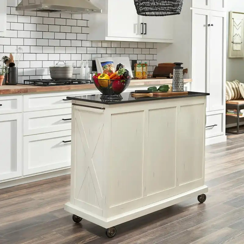Off-White Rustic Kitchen Cart with Granite Top – Single User