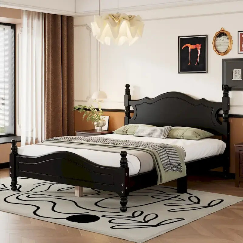 Retro Style Platform Bed with Wooden Slat Support