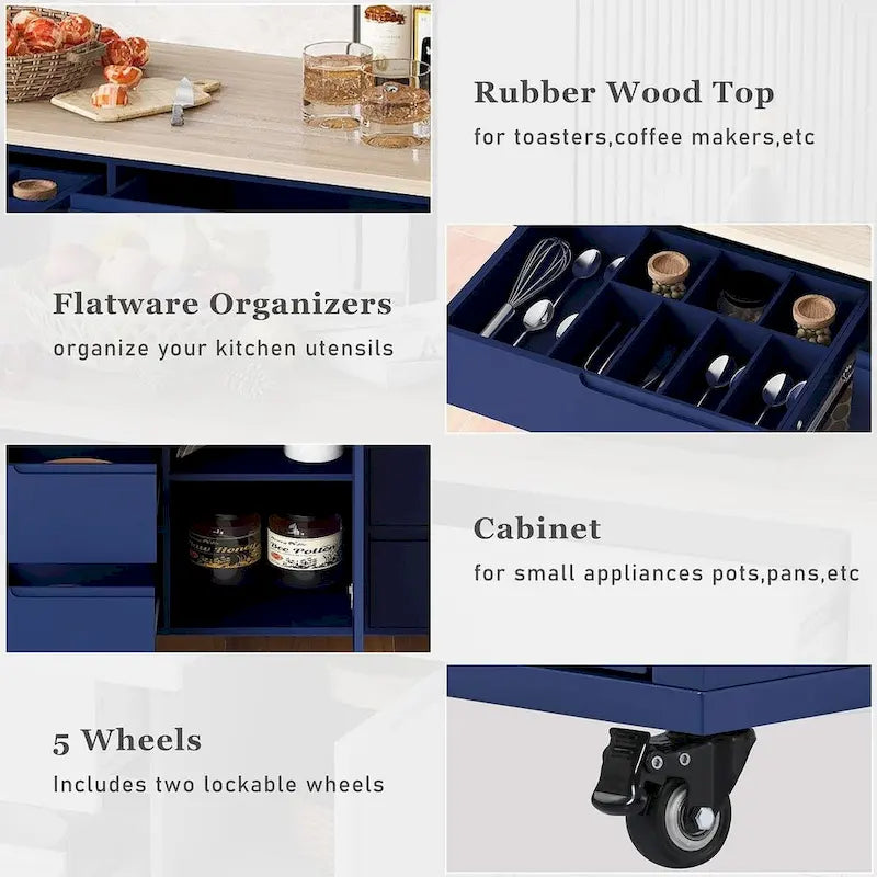 Black / Blue / White Rolling Kitchen Cart with 8 Drawers, 1-Person Use