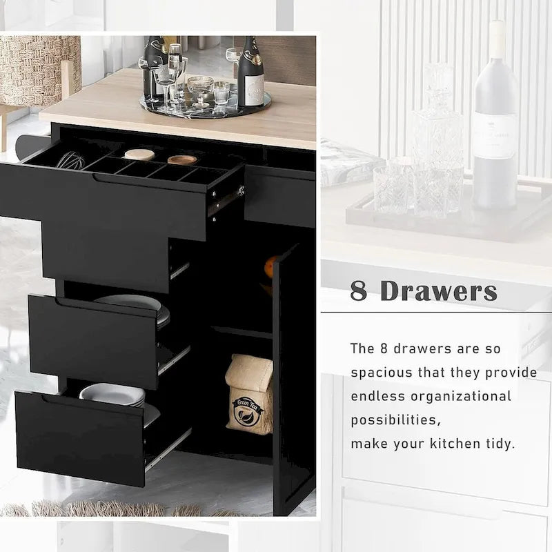 Black / Blue / White Rolling Kitchen Cart with 8 Drawers, 1-Person Use
