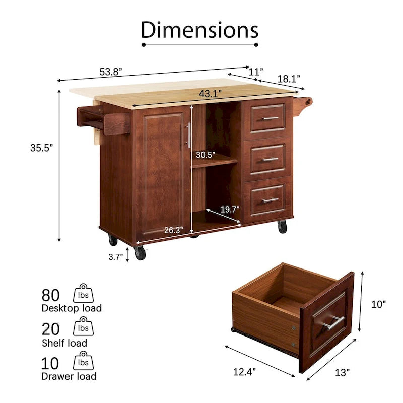Rolling Kitchen Cart with 2 Drawers – Brown / Chocolate, 1-Person Use