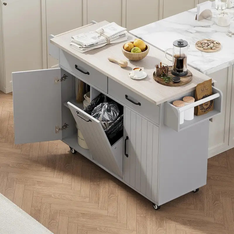 White / Gray / Walnut Brown Kitchen Island with Tilt-Out Trash Cabinet