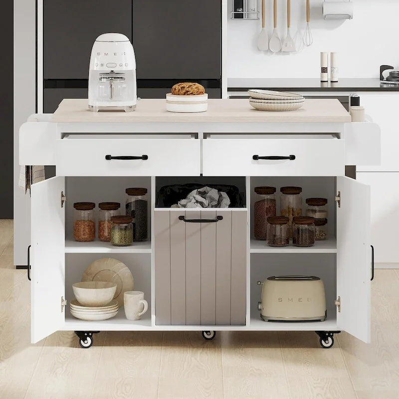 White / Gray / Walnut Brown Kitchen Island with Tilt-Out Trash Cabinet