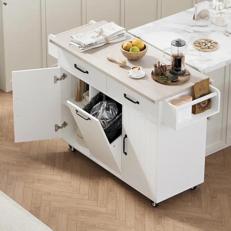 White / Gray / Walnut Brown Kitchen Island with Tilt-Out Trash Cabinet