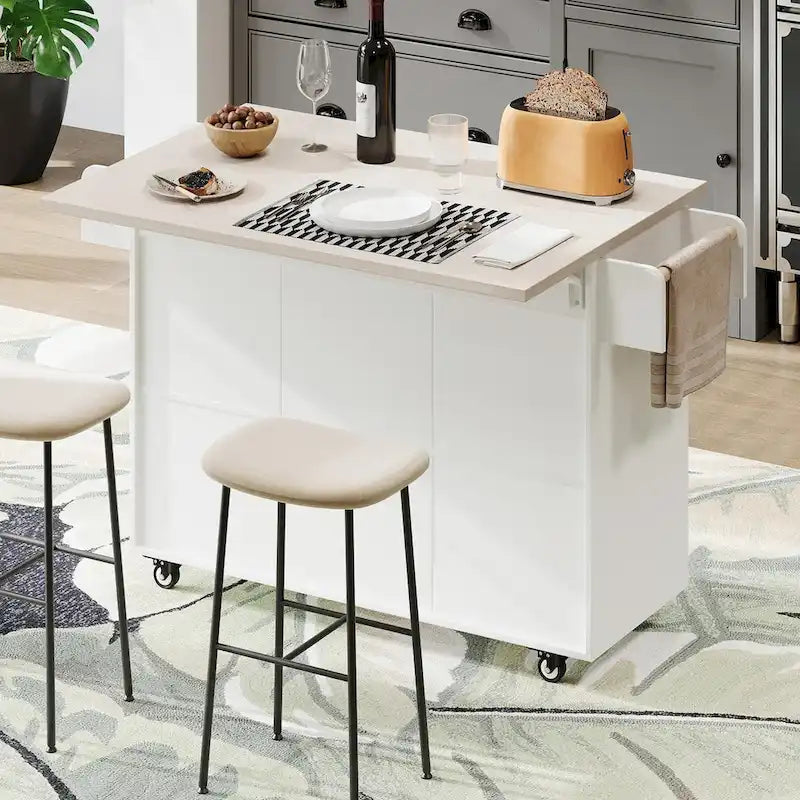 White / Gray / Walnut Brown Kitchen Island with Tilt-Out Trash Cabinet