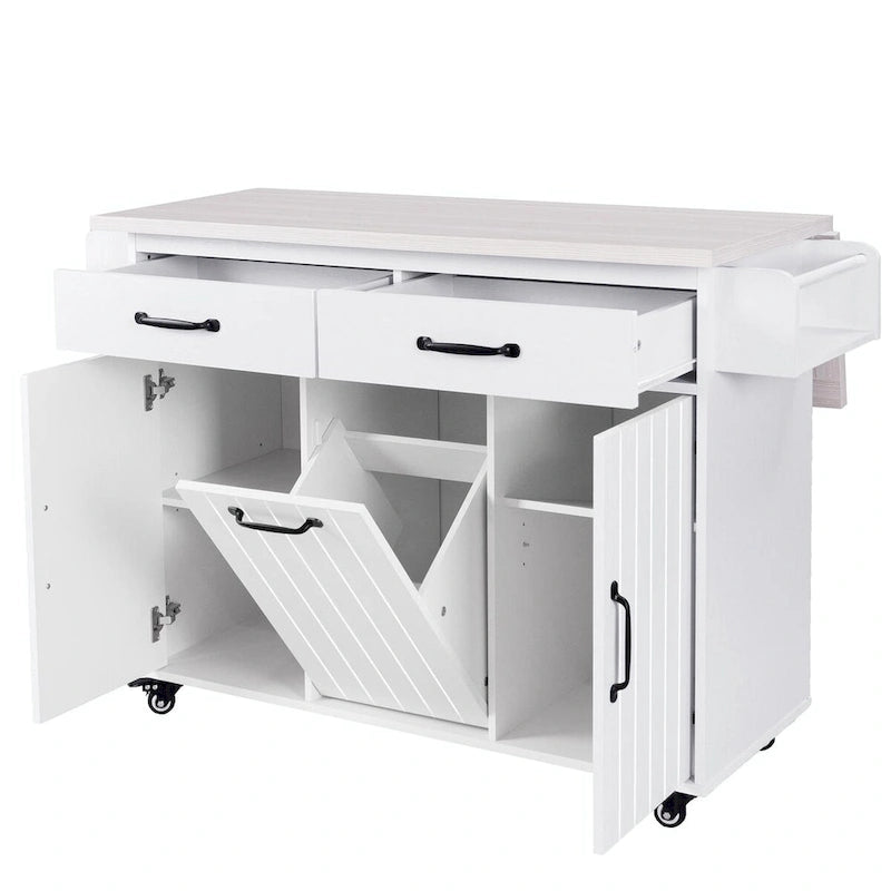 White / Gray / Walnut Brown Kitchen Island with Tilt-Out Trash Cabinet