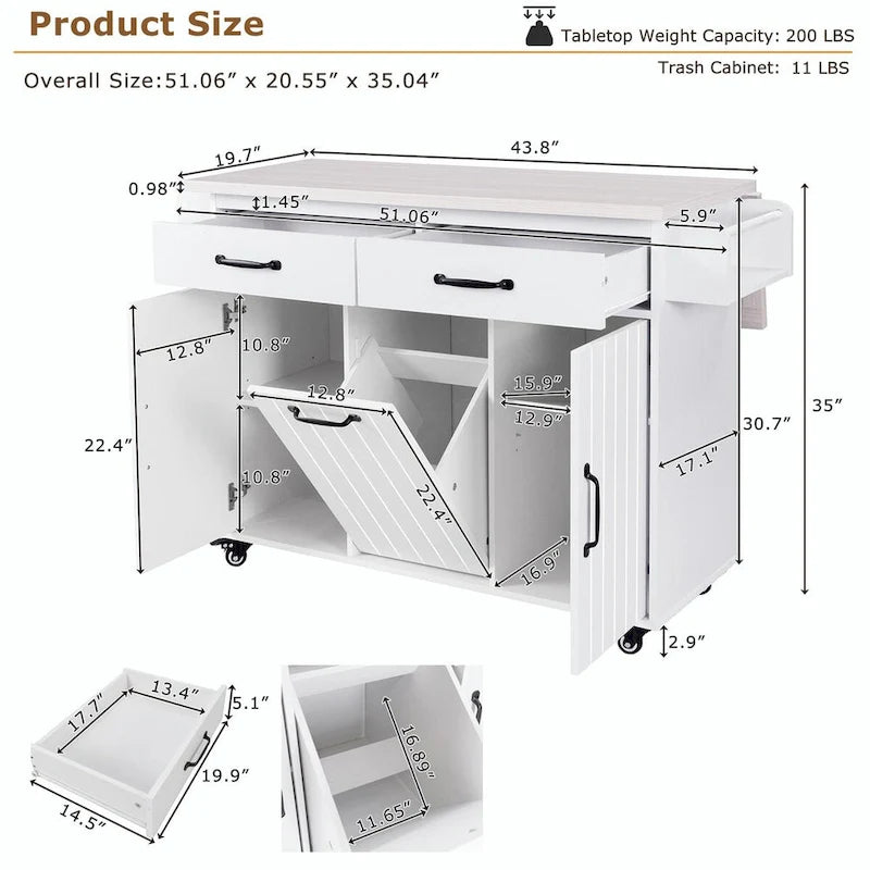 White / Gray / Walnut Brown Kitchen Island with Tilt-Out Trash Cabinet