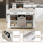 White / Gray / Walnut Brown Kitchen Island with Tilt-Out Trash Cabinet