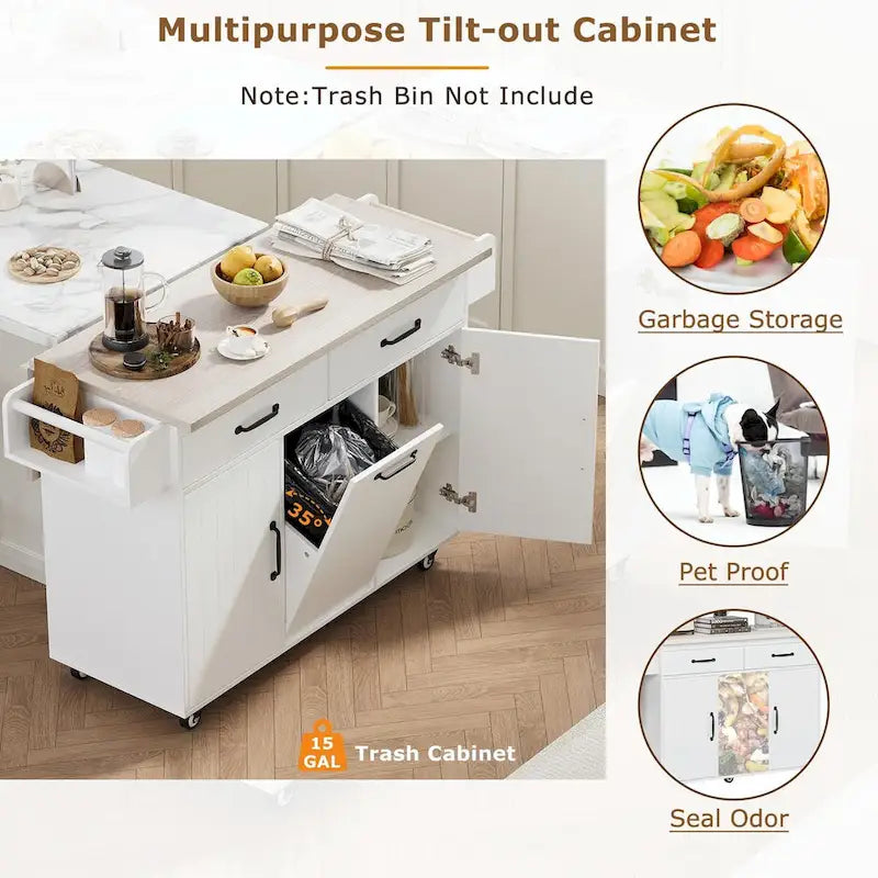 White / Gray / Walnut Brown Kitchen Island with Tilt-Out Trash Cabinet