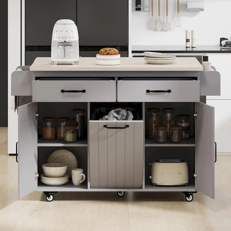 White / Gray / Walnut Brown Kitchen Island with Tilt-Out Trash Cabinet