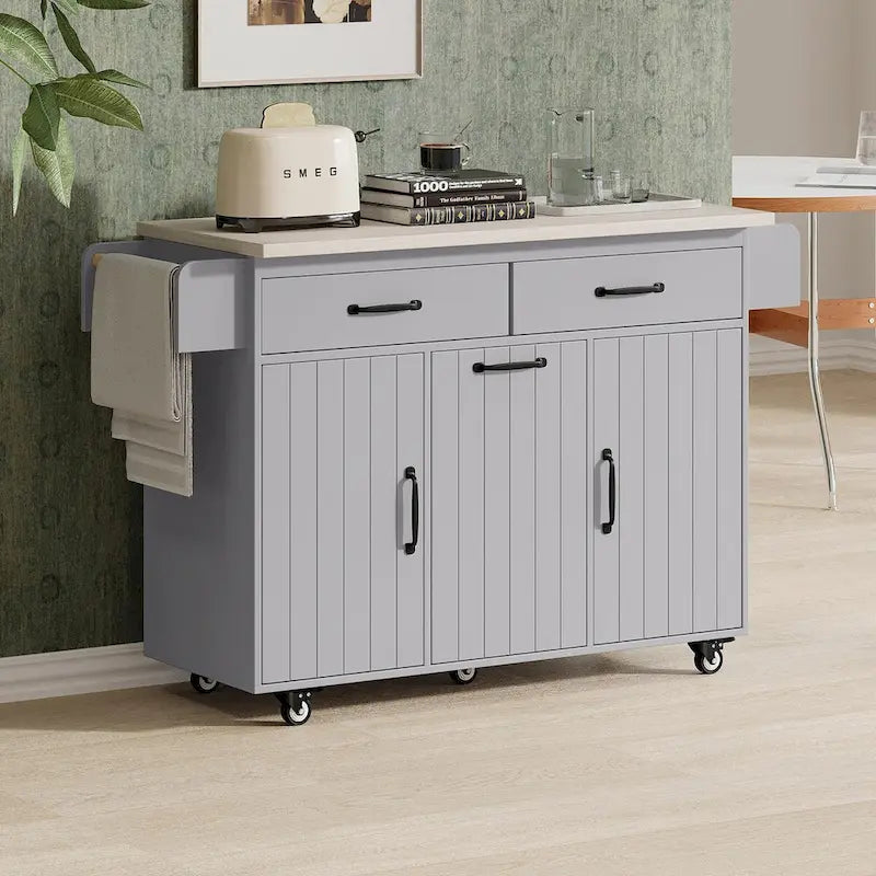 White / Gray / Walnut Brown Kitchen Island with Tilt-Out Trash Cabinet