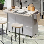 White / Gray / Walnut Brown Kitchen Island with Tilt-Out Trash Cabinet