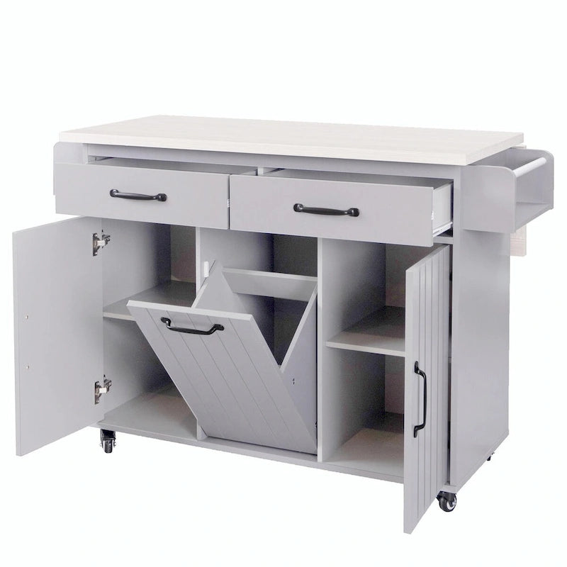 White / Gray / Walnut Brown Kitchen Island with Tilt-Out Trash Cabinet