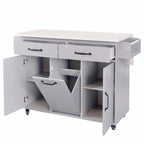 White / Gray / Walnut Brown Kitchen Island with Tilt-Out Trash Cabinet