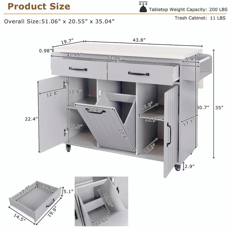 White / Gray / Walnut Brown Kitchen Island with Tilt-Out Trash Cabinet