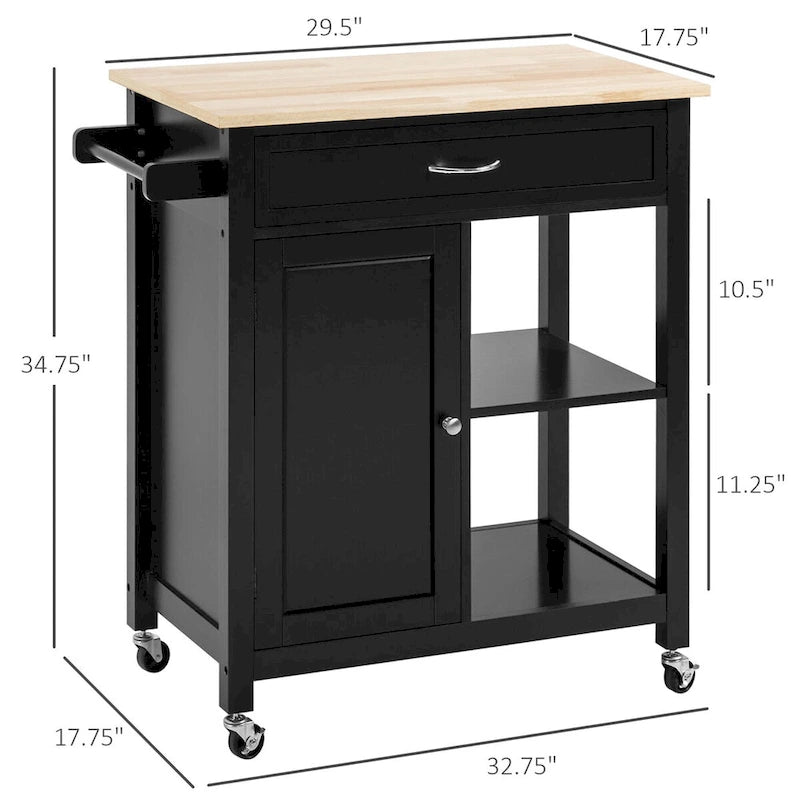 Black Kitchen Island Cart on Wheels, 1-Person