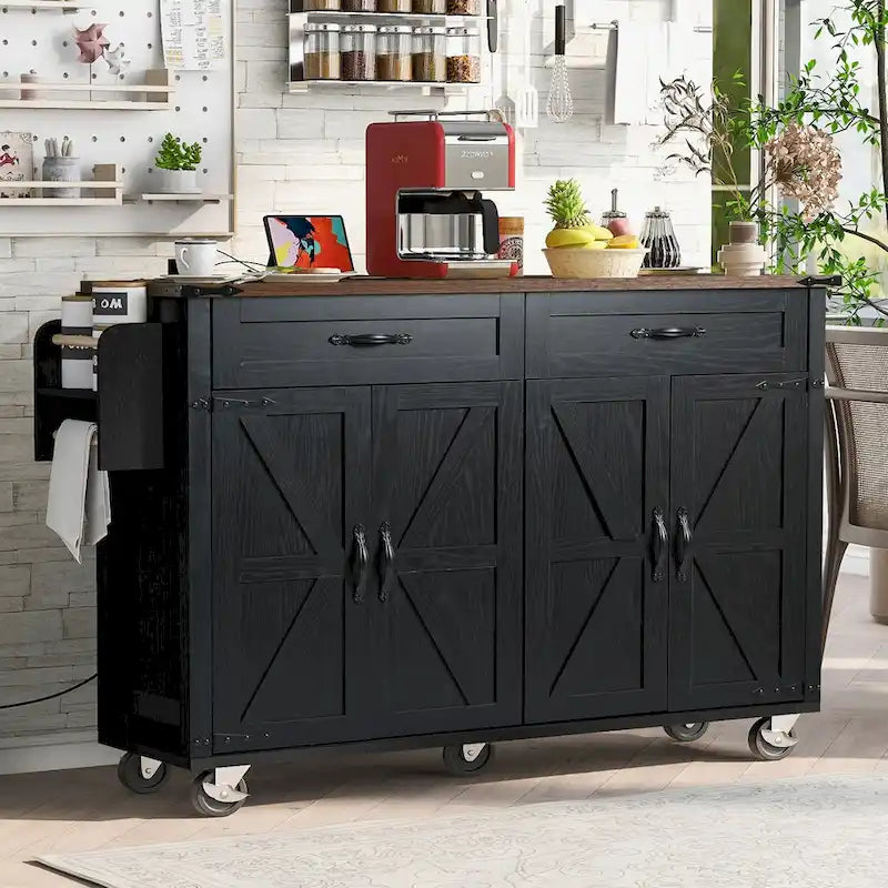 Black Farmhouse Kitchen Island Cart with Drop Leaf & Power Outlet, 53.5"