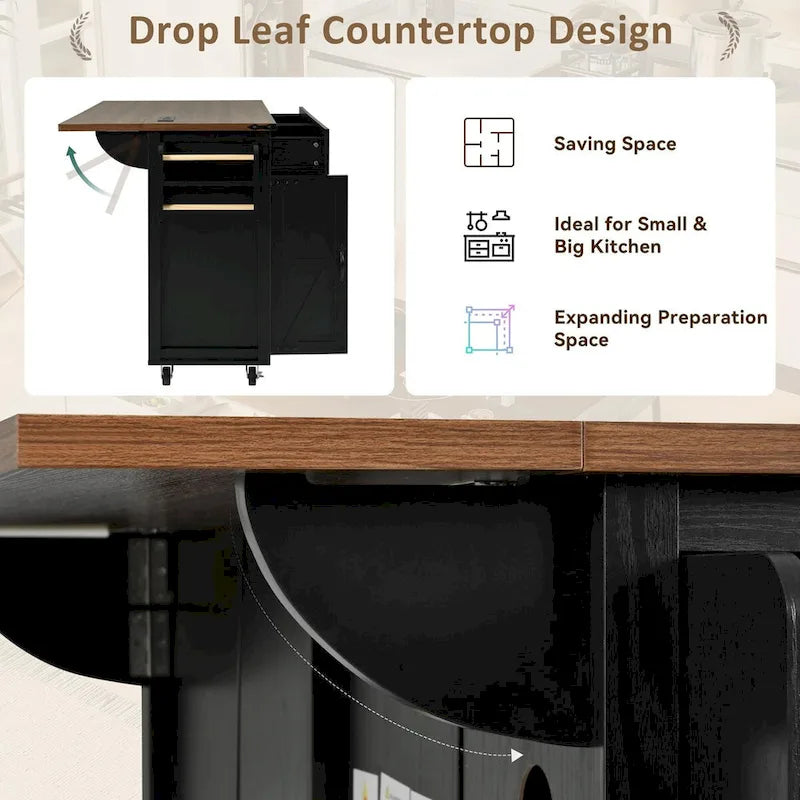 Black Farmhouse Kitchen Island Cart with Drop Leaf & Power Outlet, 53.5"