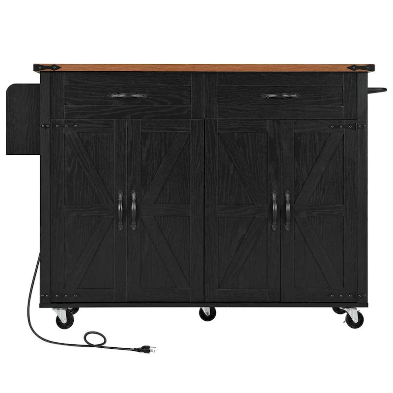 Black Farmhouse Kitchen Island Cart with Drop Leaf & Power Outlet, 53.5"