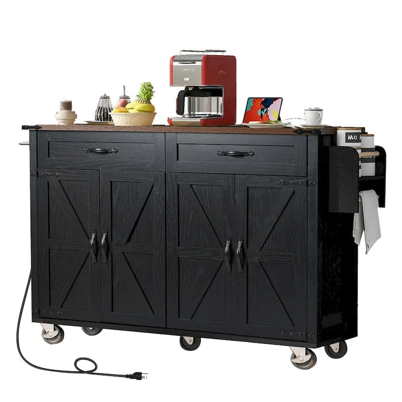 Black Farmhouse Kitchen Island Cart with Drop Leaf & Power Outlet, 53.5"