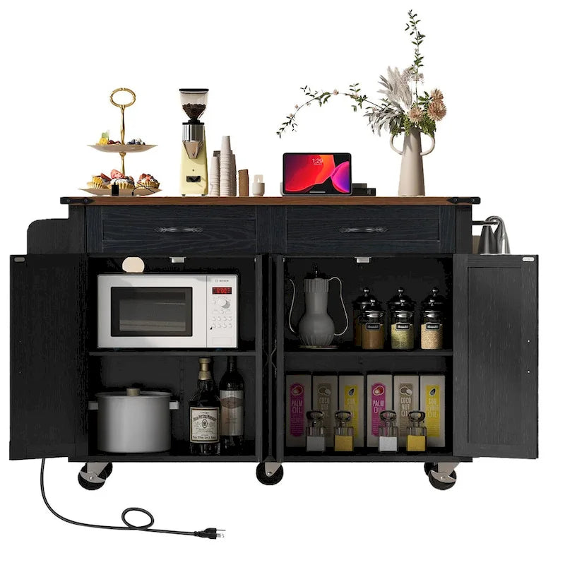 Black Farmhouse Kitchen Island Cart with Drop Leaf & Power Outlet, 53.5"