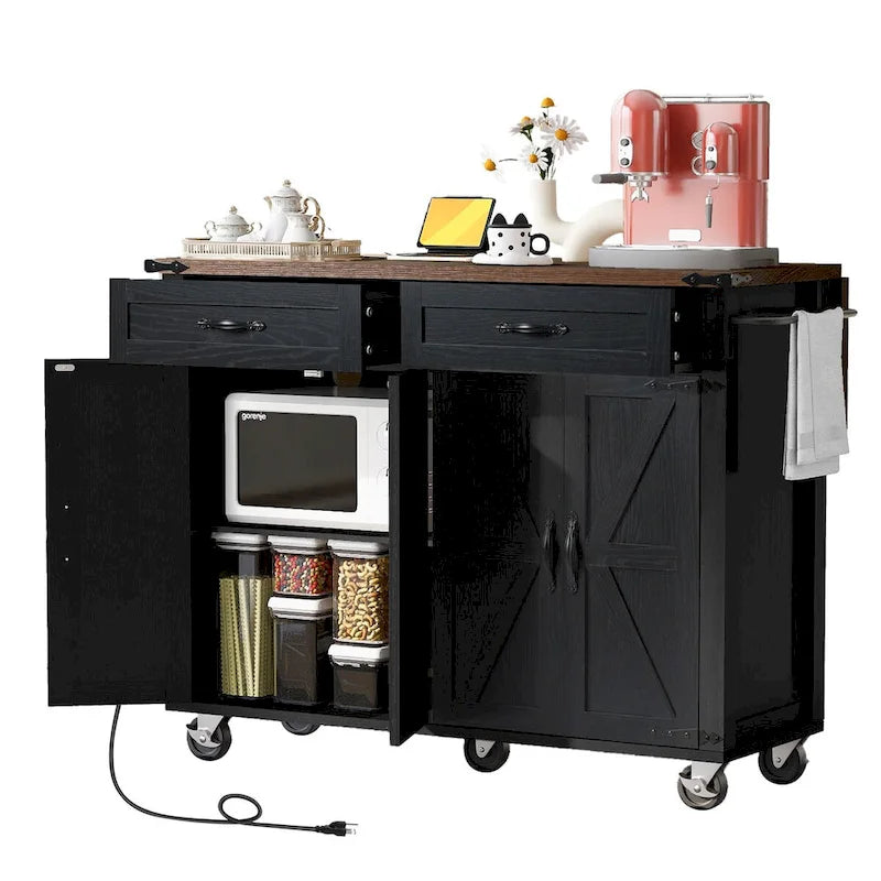 Black Farmhouse Kitchen Island Cart with Drop Leaf & Power Outlet, 53.5"