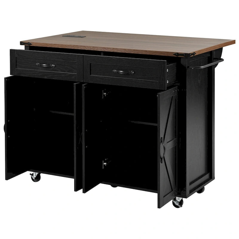 Black Farmhouse Kitchen Island Cart with Drop Leaf & Power Outlet, 53.5"
