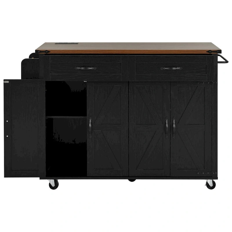 Black Farmhouse Kitchen Island Cart with Drop Leaf & Power Outlet, 53.5"