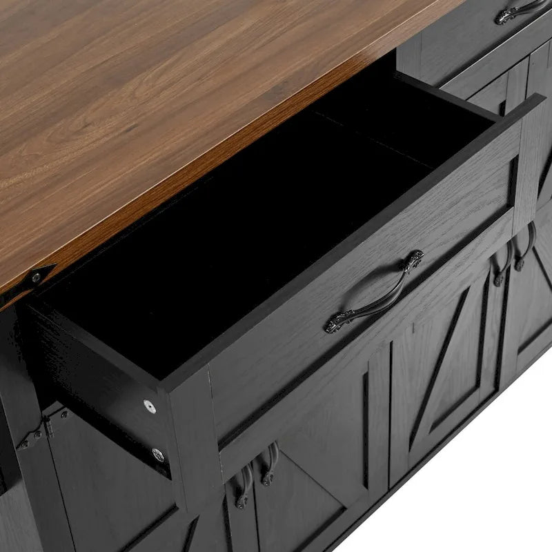Black Farmhouse Kitchen Island Cart with Drop Leaf & Power Outlet, 53.5"