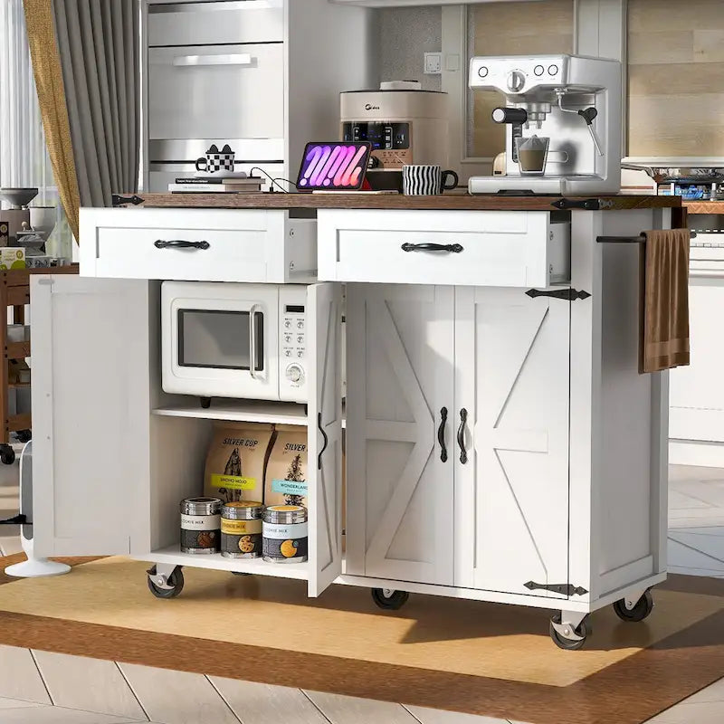 Black Farmhouse Kitchen Island Cart with Drop Leaf & Power Outlet, 53.5"