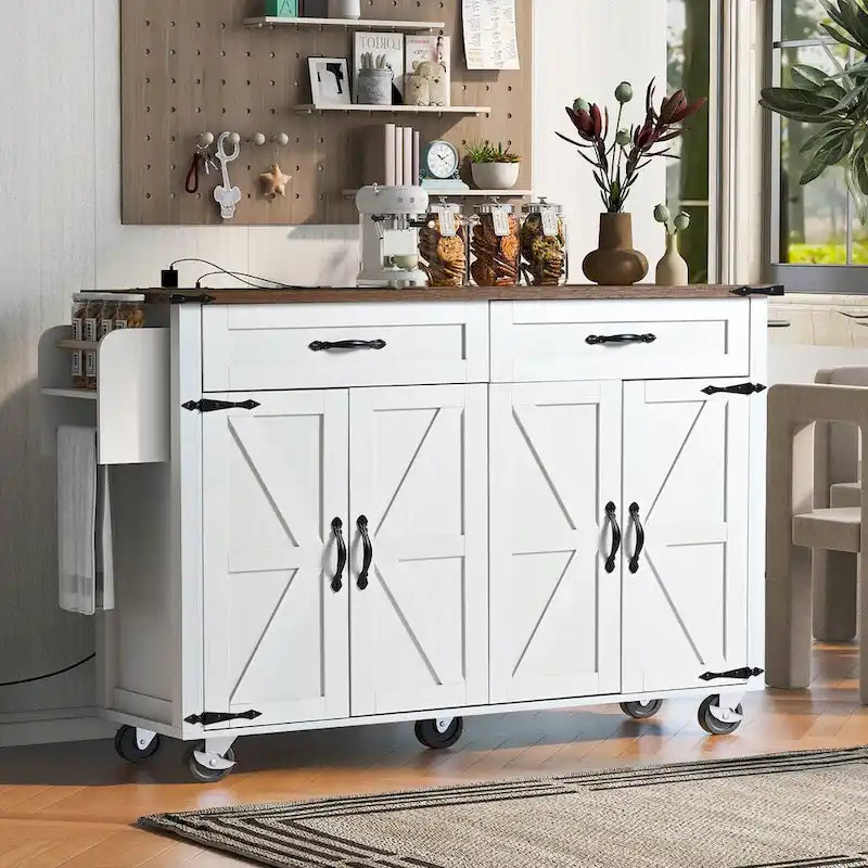 Black Farmhouse Kitchen Island Cart with Drop Leaf & Power Outlet, 53.5"