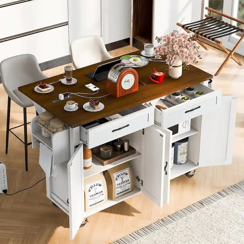Black Farmhouse Kitchen Island Cart with Drop Leaf & Power Outlet, 53.5"