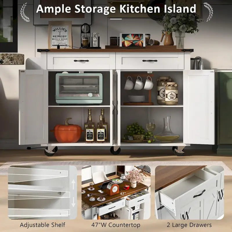 Black Farmhouse Kitchen Island Cart with Drop Leaf & Power Outlet, 53.5"