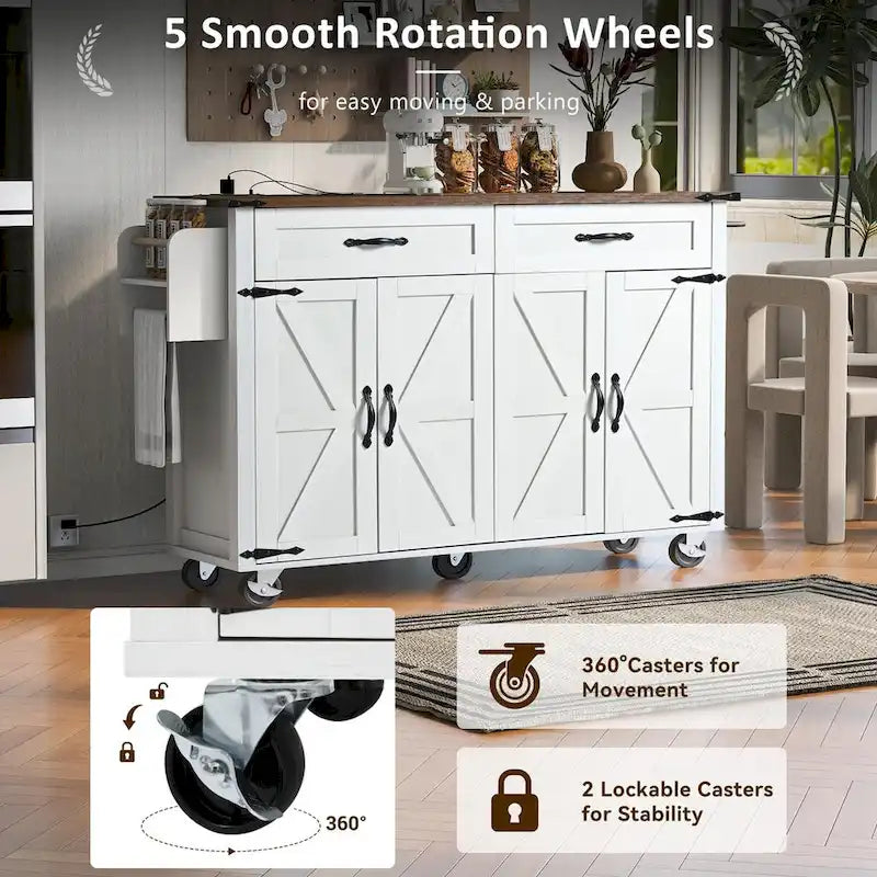 Black Farmhouse Kitchen Island Cart with Drop Leaf & Power Outlet, 53.5"