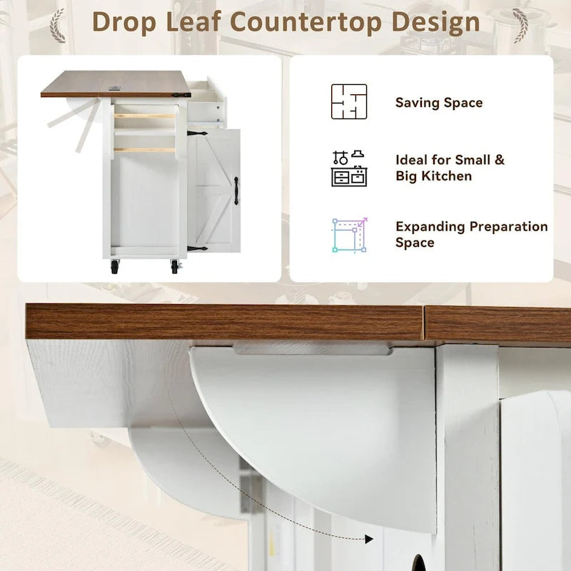 Black Farmhouse Kitchen Island Cart with Drop Leaf & Power Outlet, 53.5"