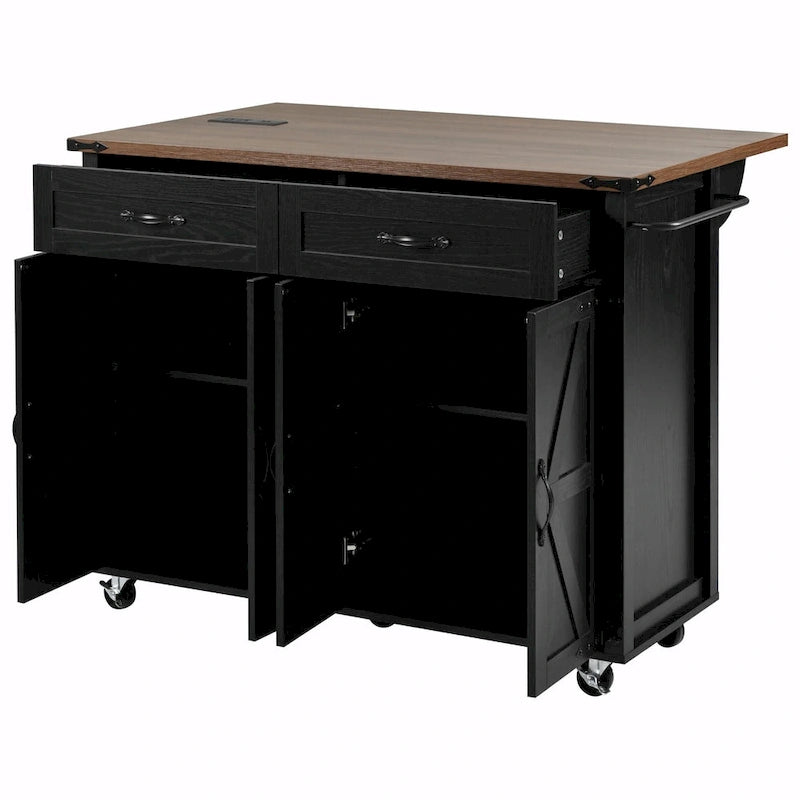 53.5" Farmhouse Kitchen Island with Drop Leaf, Drawer & Power Outlet – Black/White, 1-Person Use