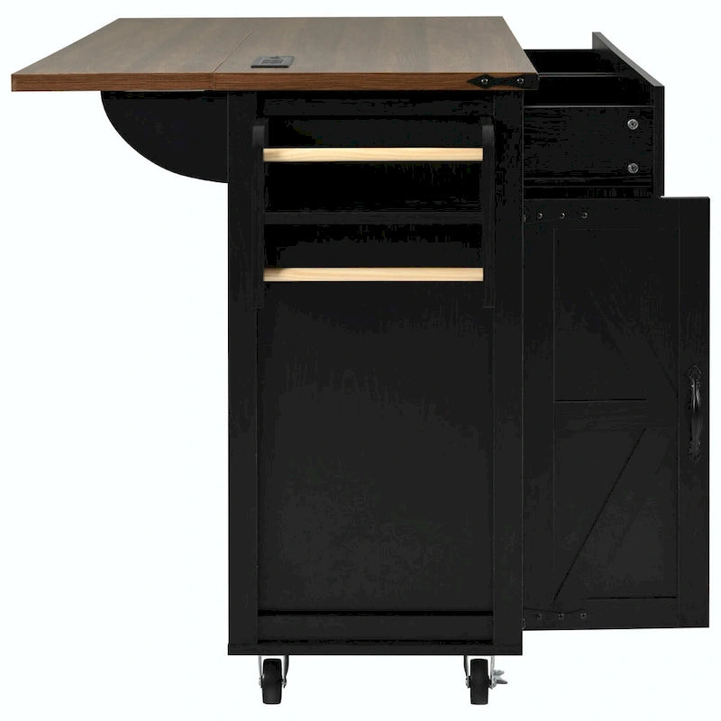 53.5" Farmhouse Kitchen Island with Drop Leaf, Drawer & Power Outlet – Black/White, 1-Person Use
