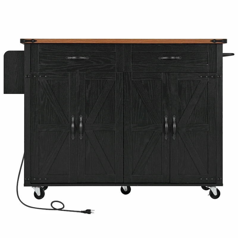 53.5" Farmhouse Kitchen Island with Drop Leaf, Drawer & Power Outlet – Black/White, 1-Person Use