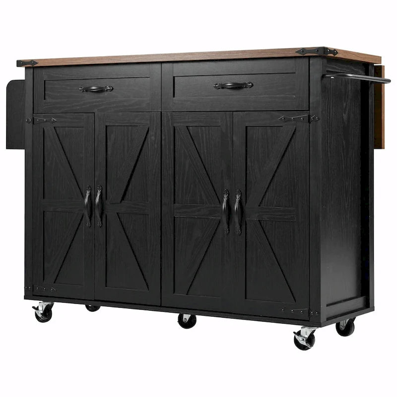53.5" Farmhouse Kitchen Island with Drop Leaf, Drawer & Power Outlet – Black/White, 1-Person Use