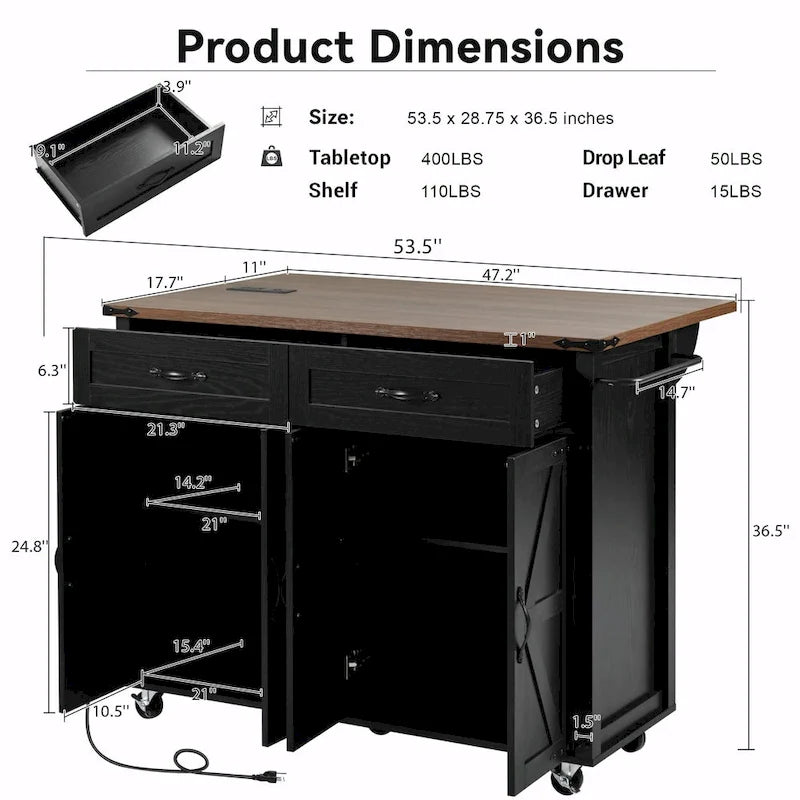 53.5" Farmhouse Kitchen Island with Drop Leaf, Drawer & Power Outlet – Black/White, 1-Person Use