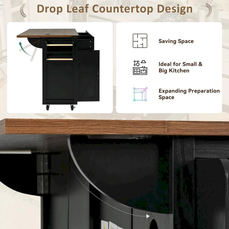 53.5" Farmhouse Kitchen Island with Drop Leaf, Drawer & Power Outlet – Black/White, 1-Person Use