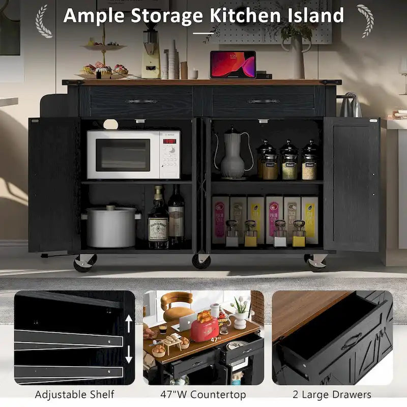 53.5" Farmhouse Kitchen Island with Drop Leaf, Drawer & Power Outlet – Black/White, 1-Person Use
