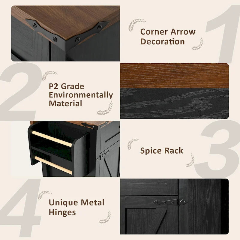 53.5" Farmhouse Kitchen Island with Drop Leaf, Drawer & Power Outlet – Black/White, 1-Person Use